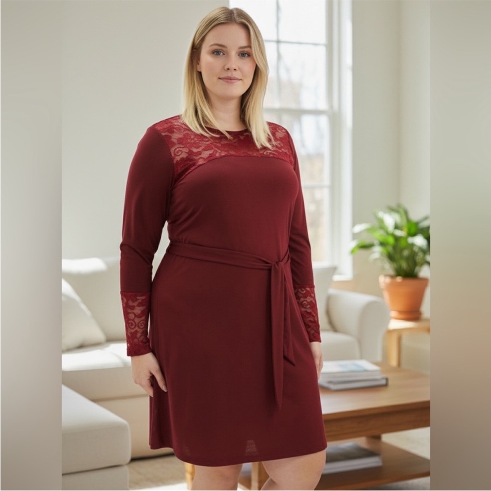 NEW• Sugared + Bronzed Lana Merlot Lace Detailed Swing Dress• XL-2X